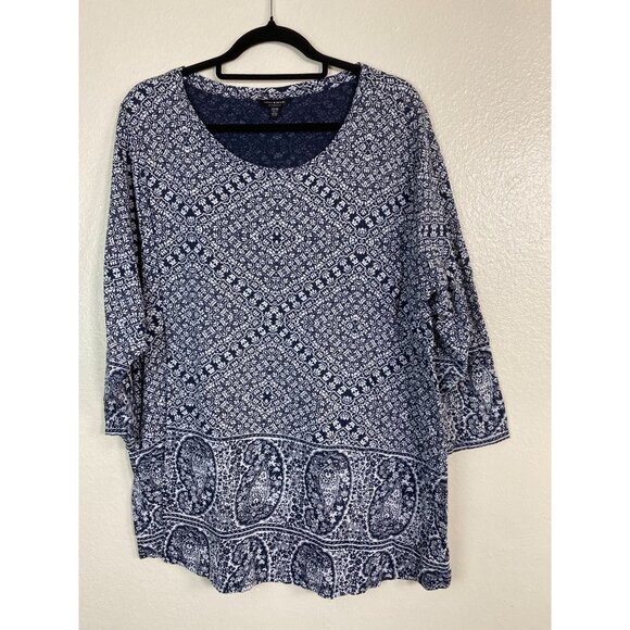 Lucky Brand Women Paisley Floral Boho Tunic Top 3X Cotton Modal Blue Peasant - Picture 1 of 12